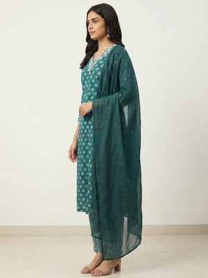 Teal Green Floral Printed Pure Cotton Salwar Suit - Image 2