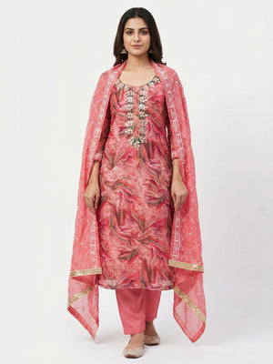 Pink Floral Printed Organza Dress Material - Image 1