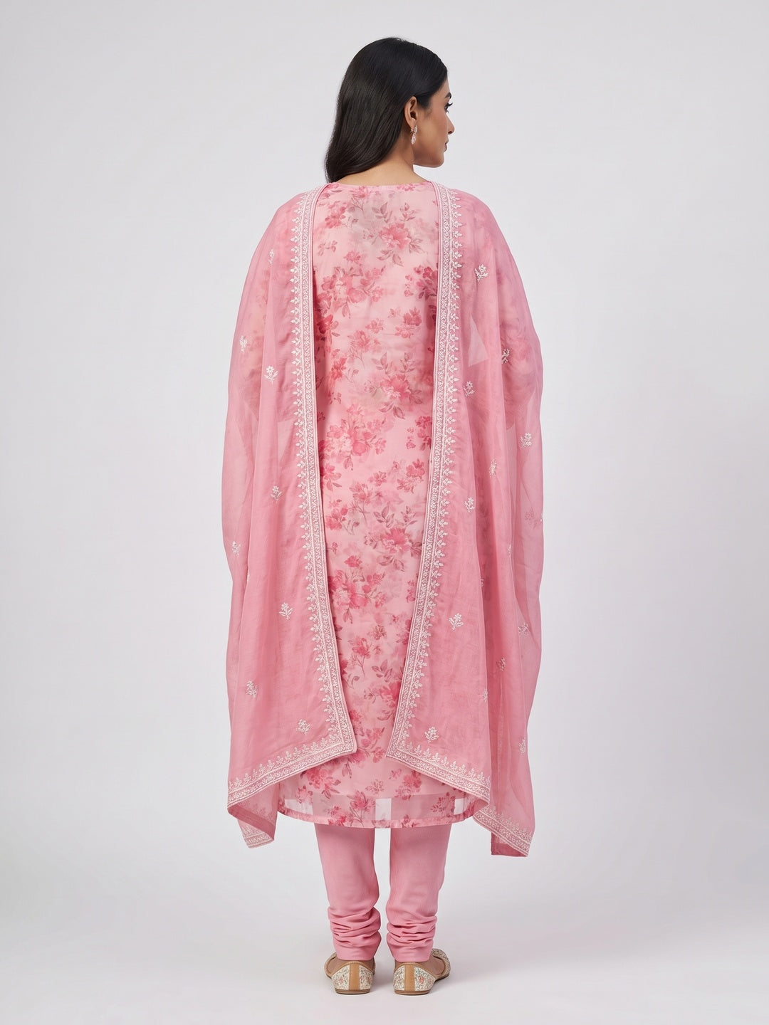 Pink Floral Printed Organza Dress Material - Image 3