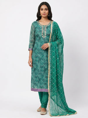 Green Floral Printed Organza Dress Material - Image 1