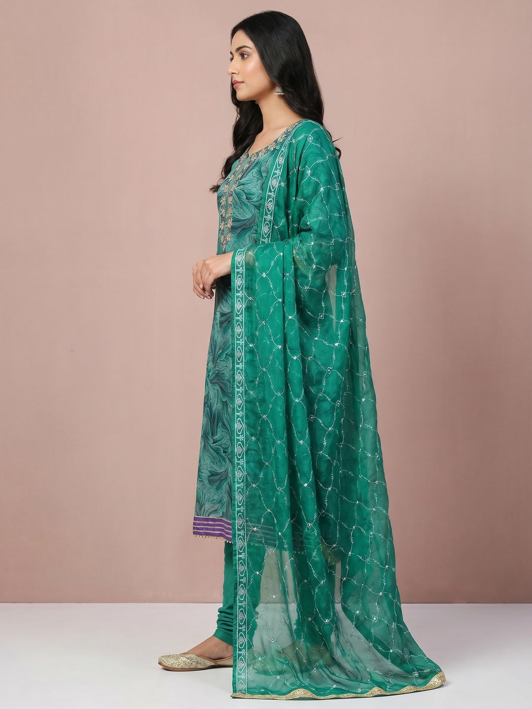 Green Floral Printed Organza Dress Material - Image 2