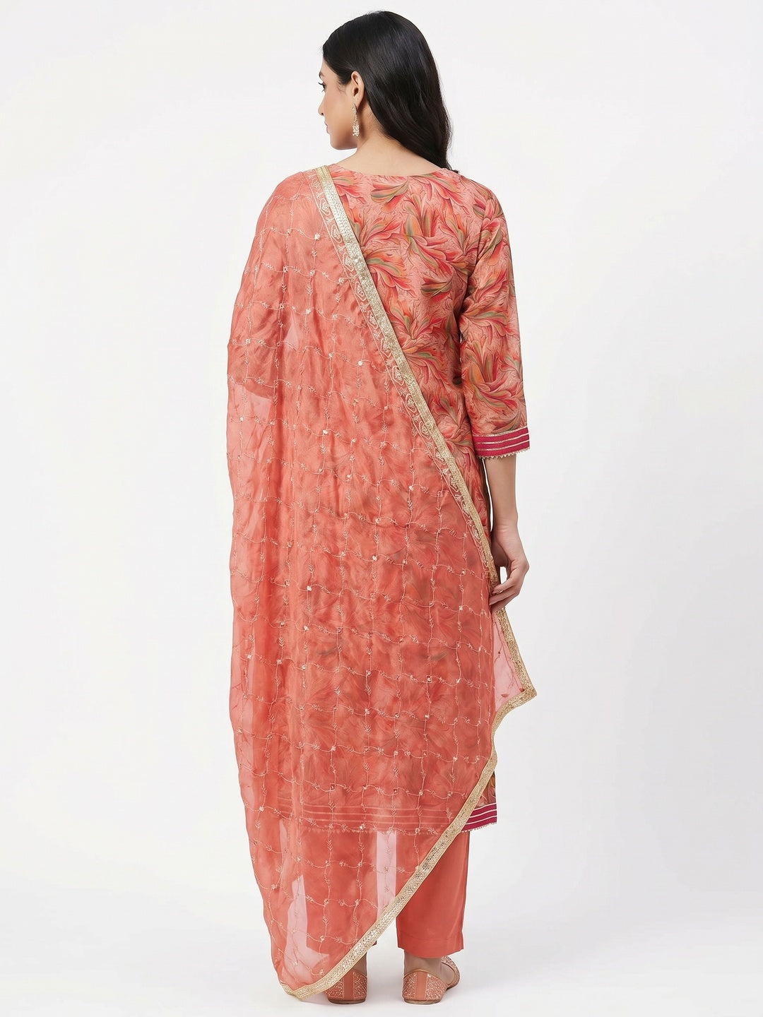 Peach Floral Printed Organza Dress Material - Image 2