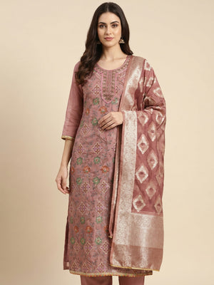 Mauve Floral Printed Organza Dress Material - Image 1
