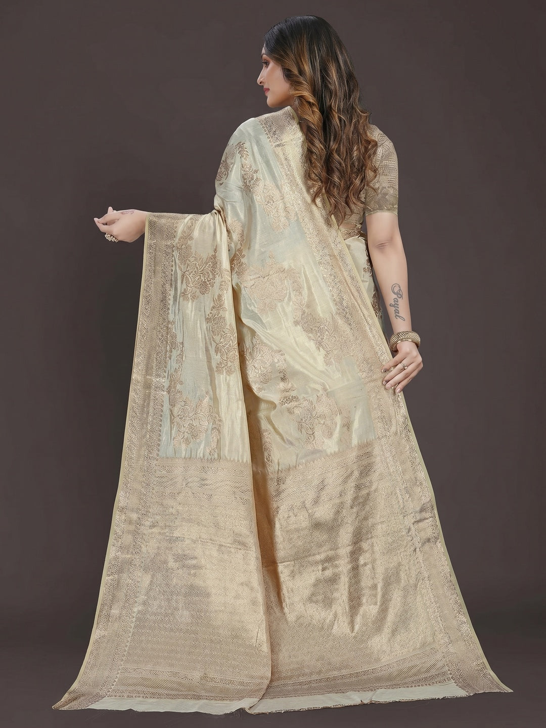 Cream Floral Woven Raw Silk Saree - Image 1