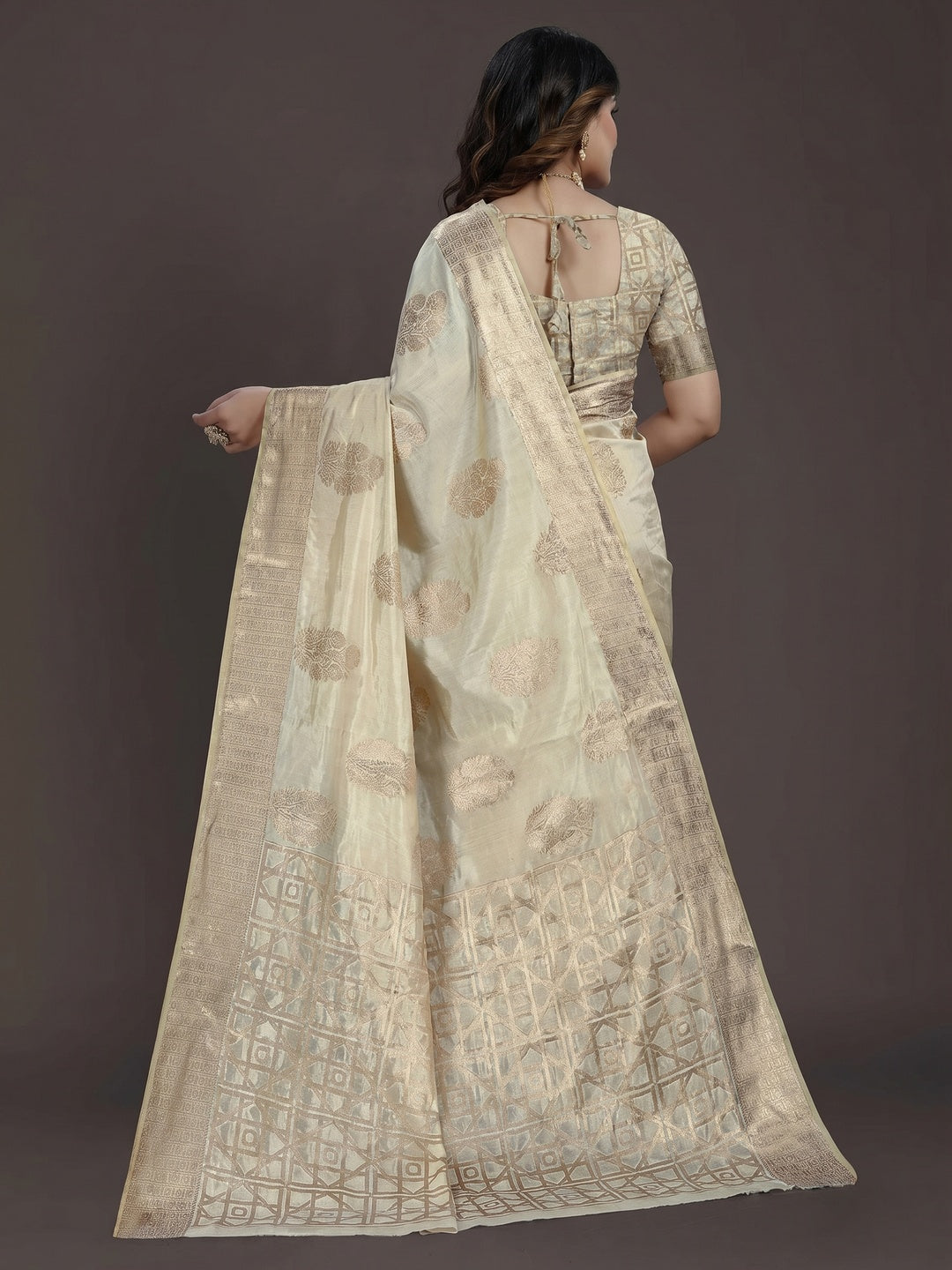 Cream Floral Woven Raw Silk Saree - Image 1
