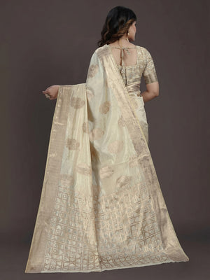 Cream Floral Woven Raw Silk Saree - Image 1