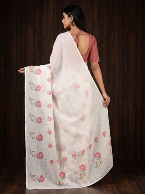 White Floral Digital Printed Linen Saree - Image 2
