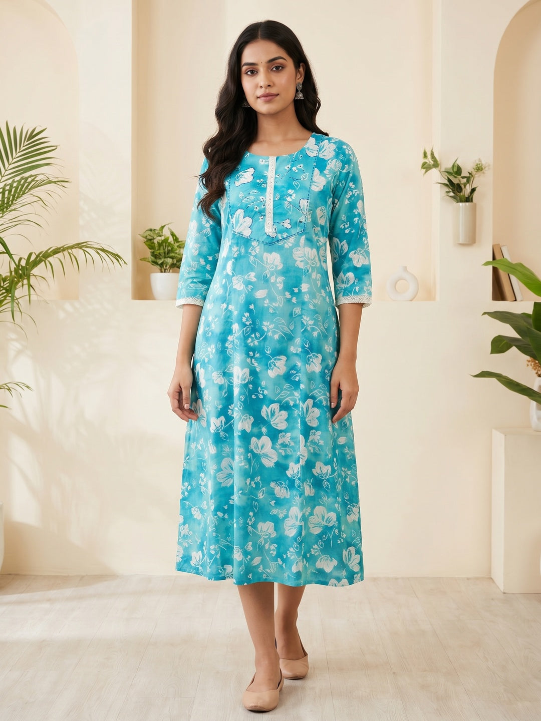 Blue Floral Printed Pure Cotton A-Line Kurti - Image 1