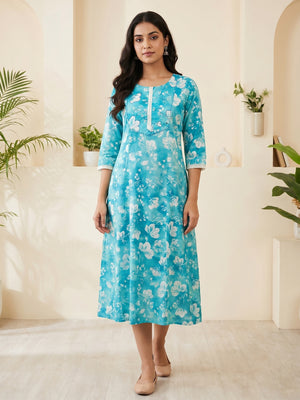 Blue Floral Printed Pure Cotton A-Line Kurti - Image 1
