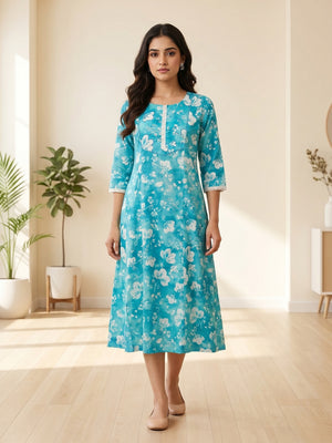 Blue Floral Printed Pure Cotton A-Line Kurti - Image 2