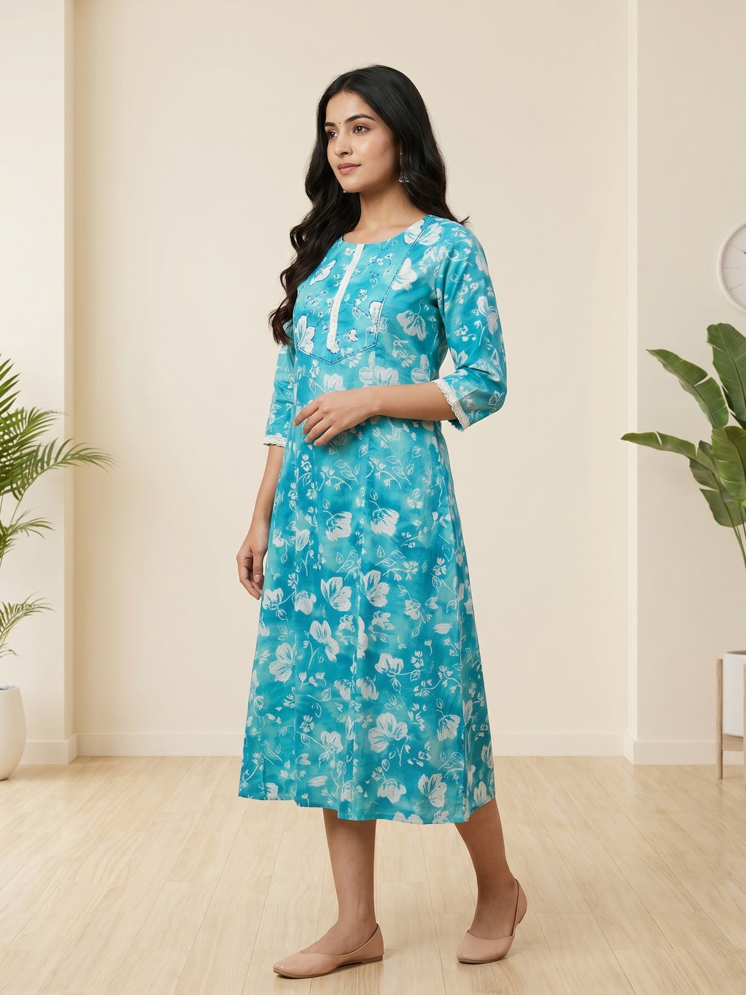 Blue Floral Printed Pure Cotton A-Line Kurti - Image 3