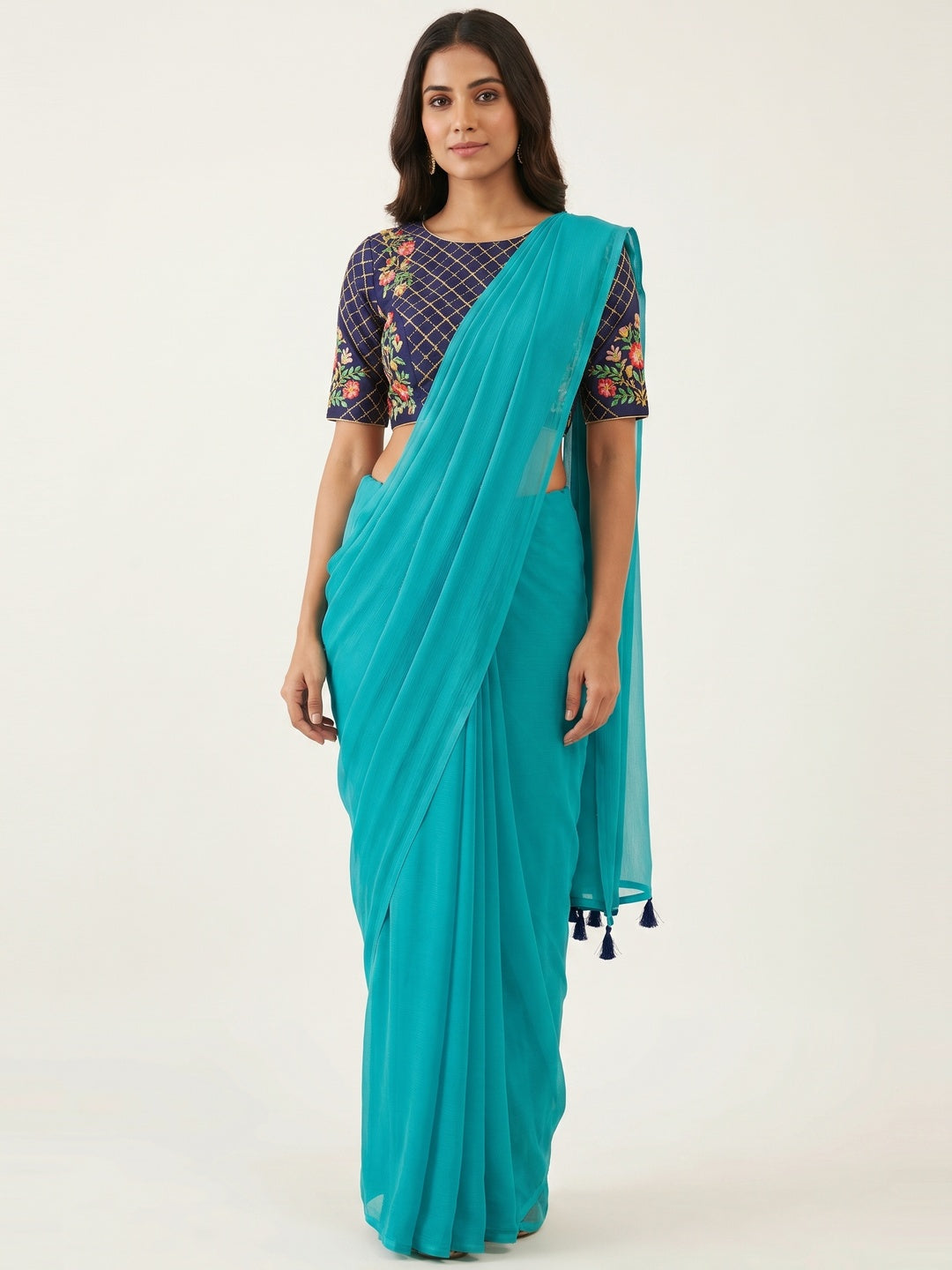 Turquoise Solid Chiffon Saree With Tassels - Image 1