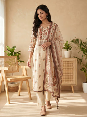 Cream Pure Cotton Floral Printed Salwar Suit Set with Dupatta - Image 1
