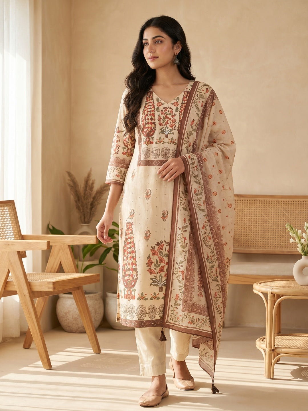 Cream Pure Cotton Floral Printed Salwar Suit Set with Dupatta - Image 3