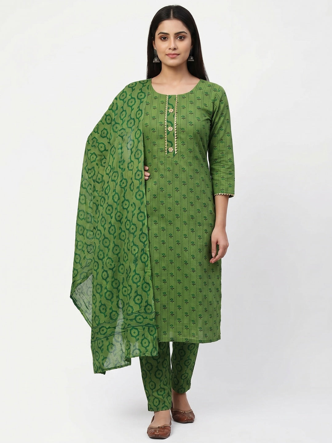 Green Floral Printed Cotton Blend Dress Material - Image 1