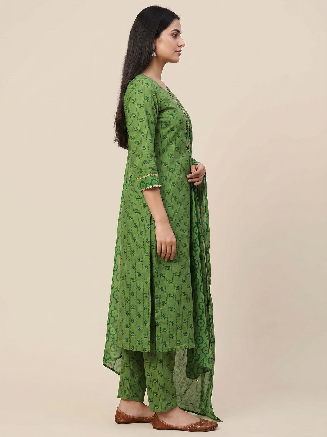 Green Floral Printed Cotton Blend Dress Material - Image 3