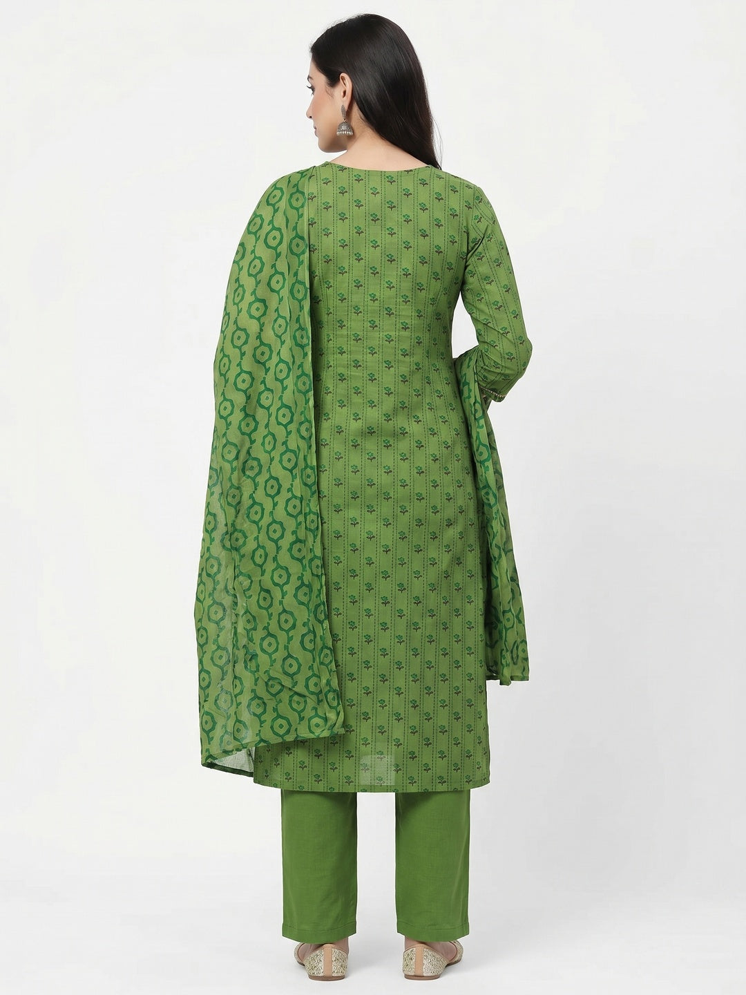 Green Floral Printed Cotton Blend Dress Material - Image 2