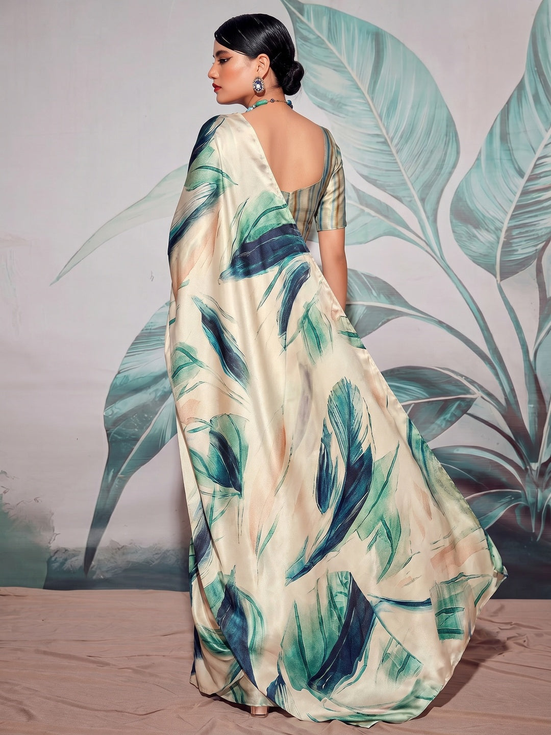 Off White Digital Printed Satin Saree - Image 1