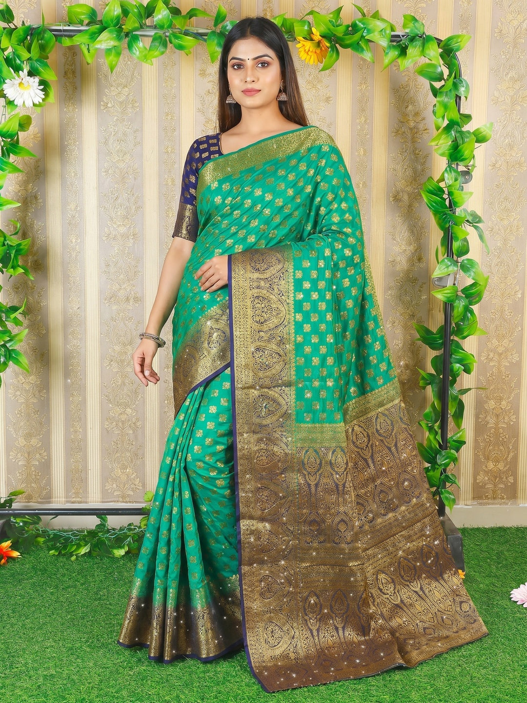 Green Woven With Stone Work Banarasi Silk Saree - Image 1