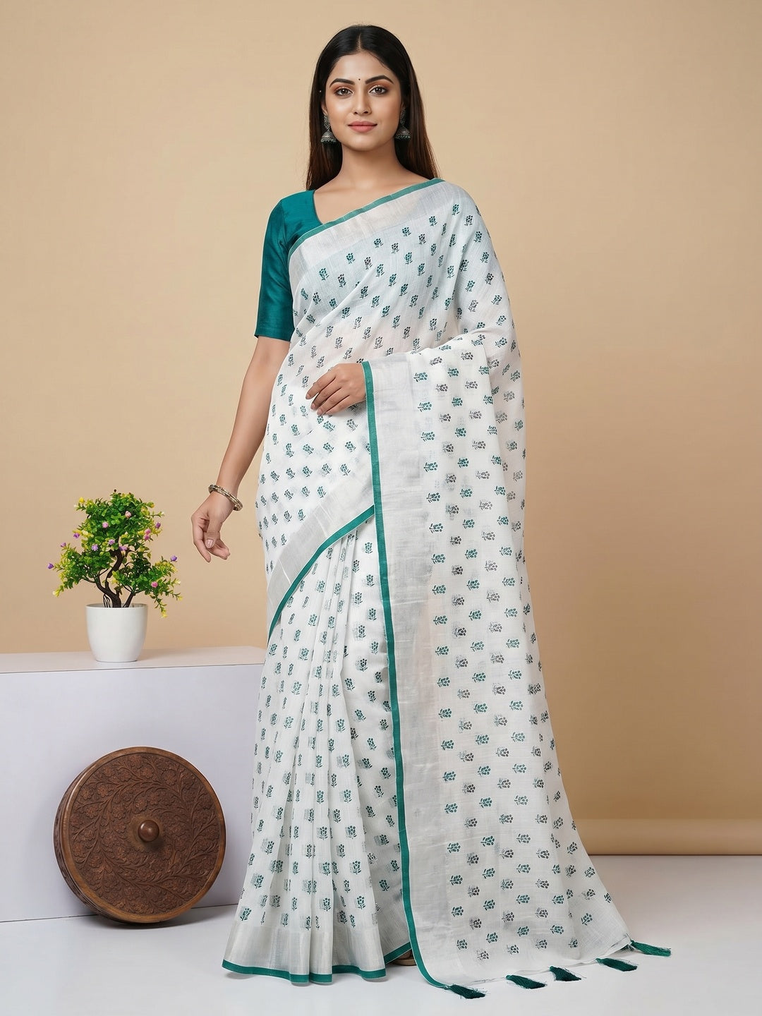 White & Teal Green Floral Printed Linen Saree With Tassels - Image 1
