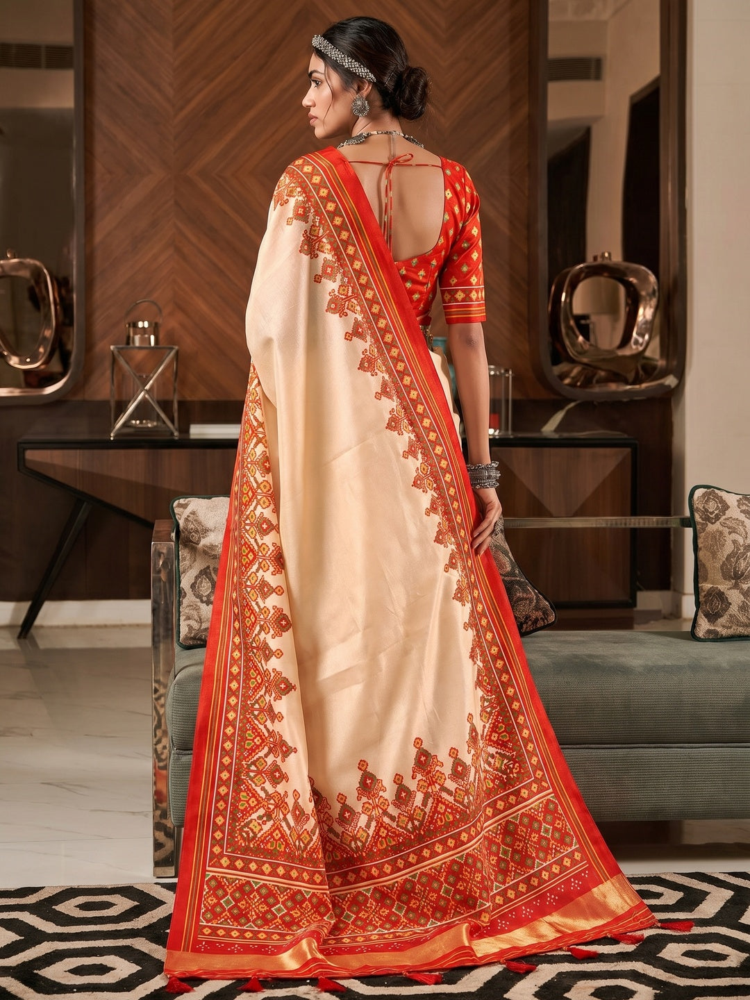 Cream & Red Patola Printed Tussar Silk Saree - Image 1