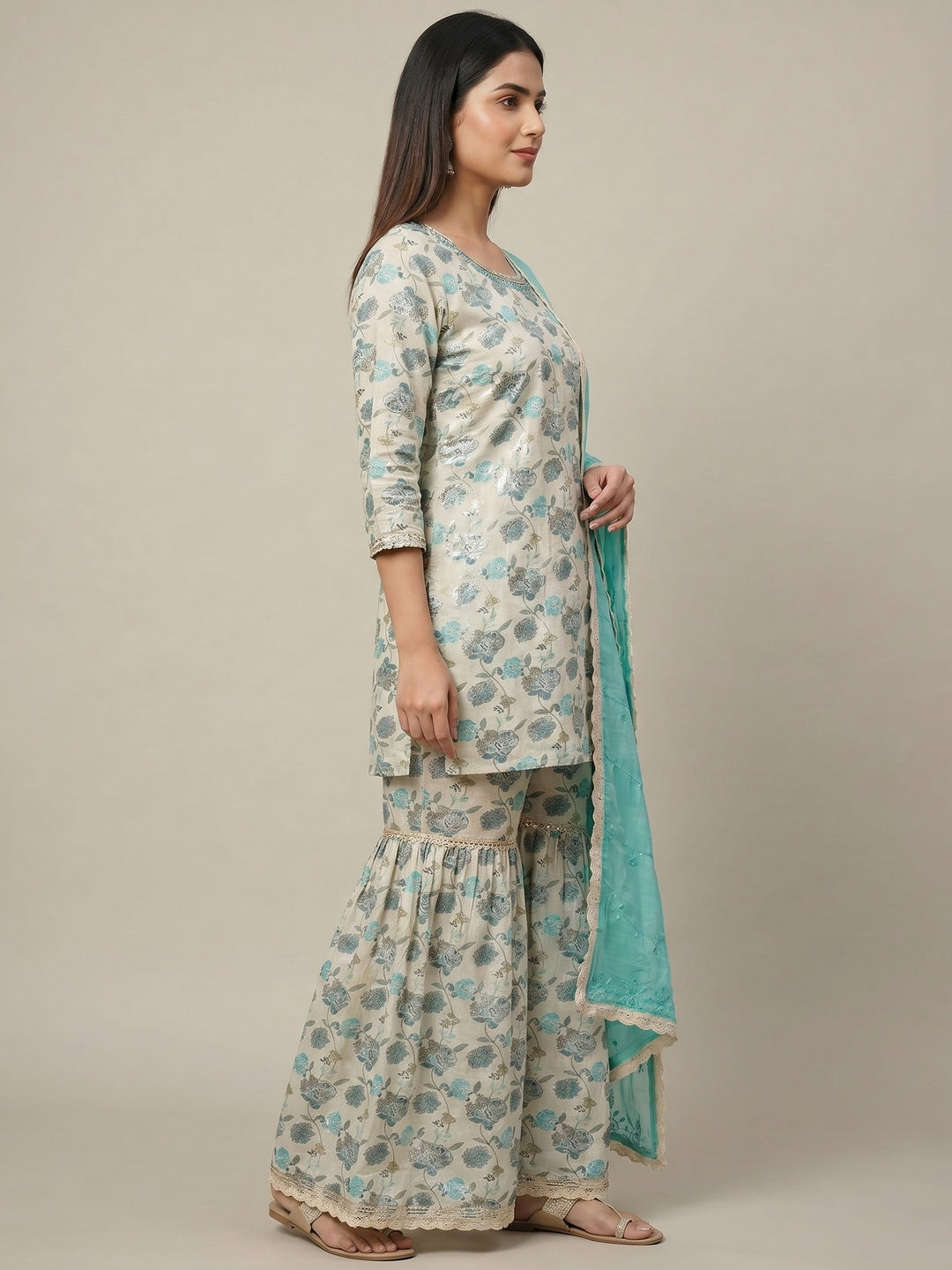 Off White & Turquoise Floral Foil Printed Mulmul Cotton Sharara Suit - Image 3