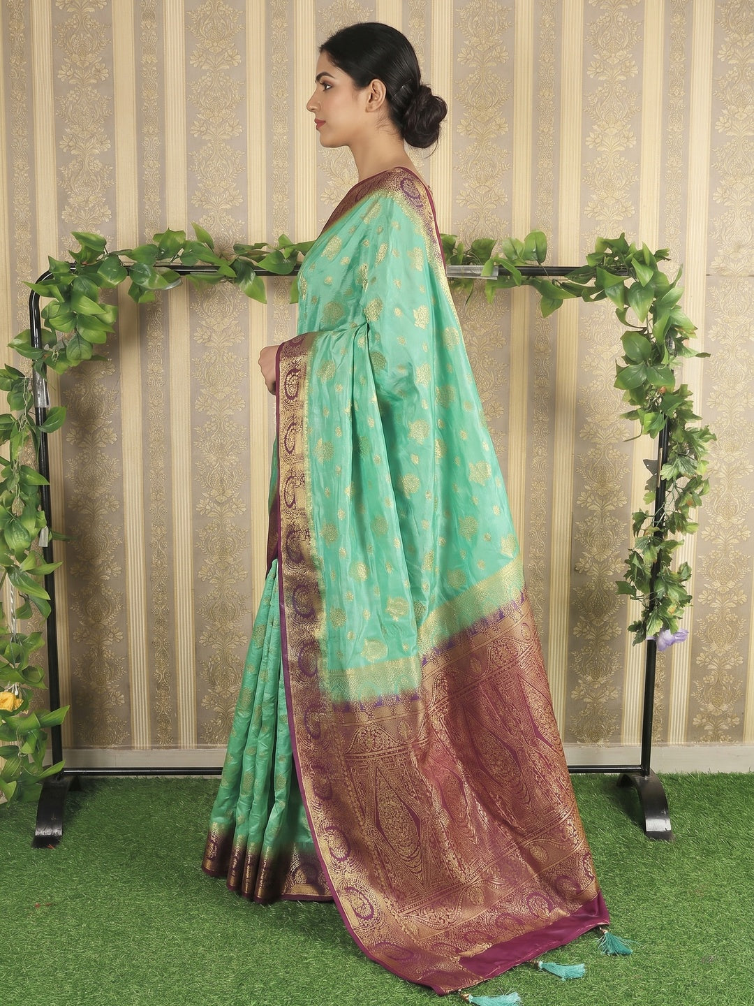 Sea Green Floral Woven Banarasi Silk Saree - Image 1