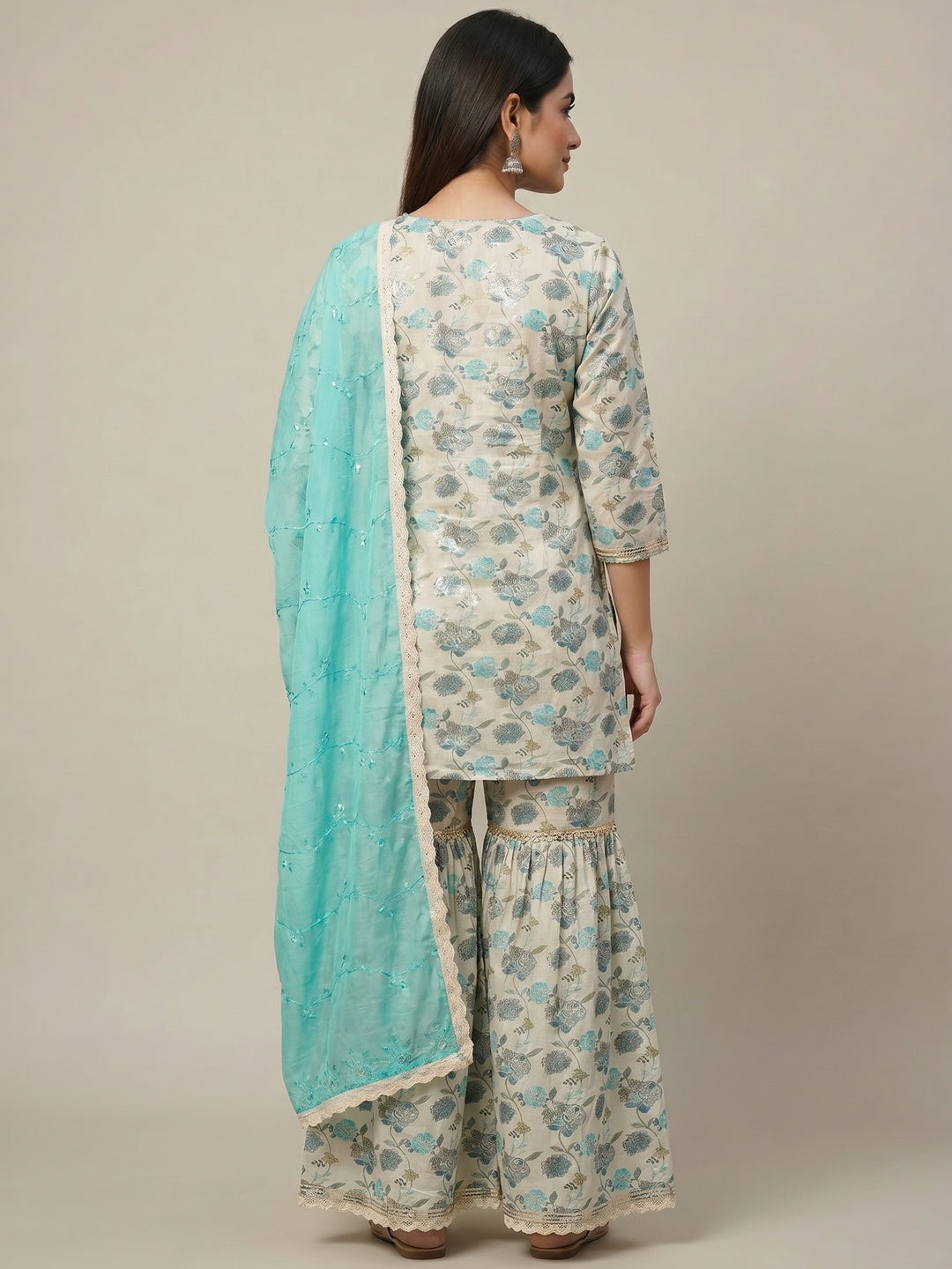 Off White & Turquoise Floral Foil Printed Mulmul Cotton Sharara Suit - Image 2
