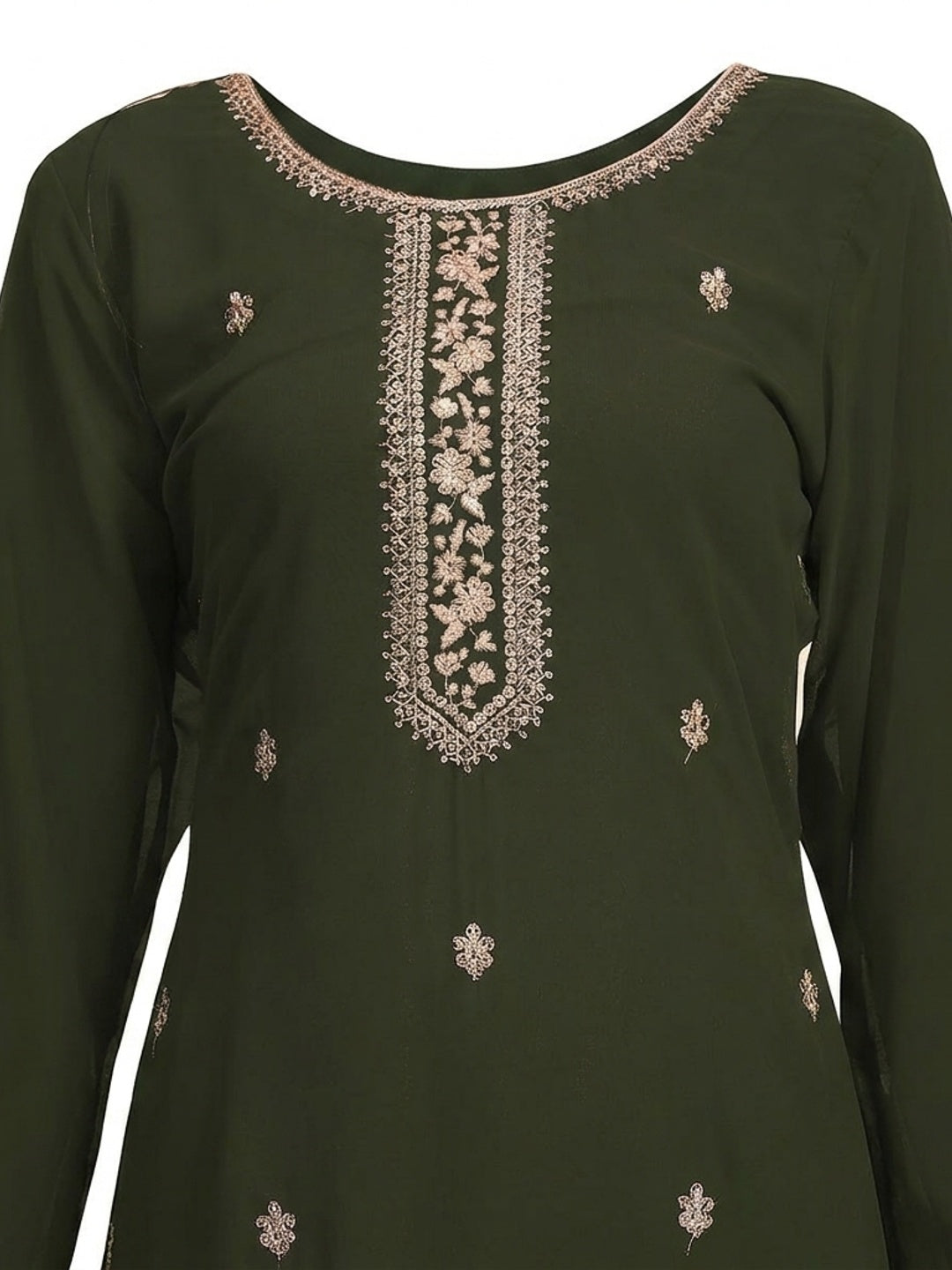 Green Floral Embroidered Georgette Semi Stitched Suit - Image 1
