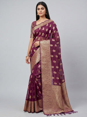 Wine Floral Woven Organza Saree With Tassels - Image 1