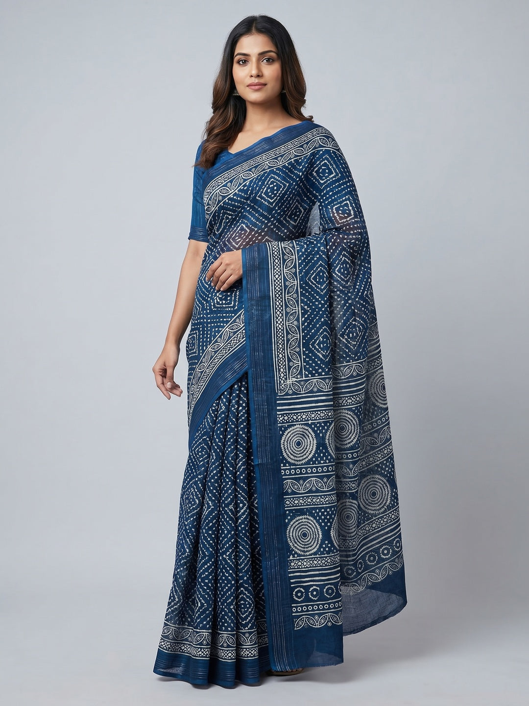 Blue Woven With Printed Linen Saree - Image 3