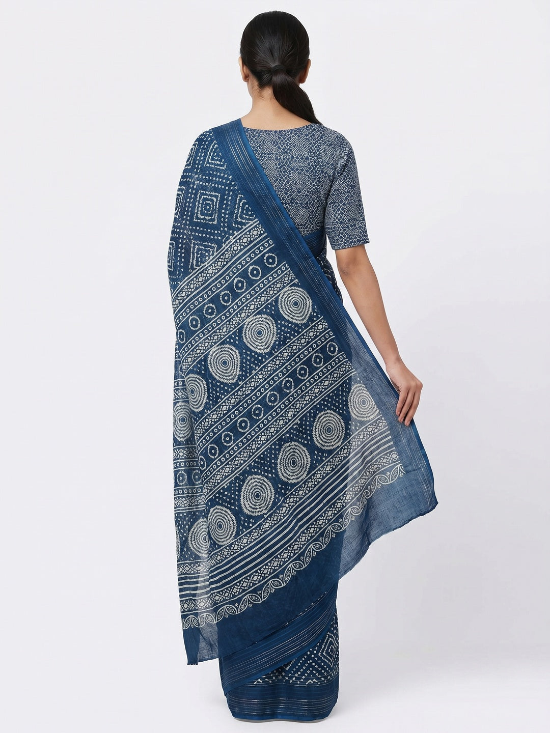 Blue Woven With Printed Linen Saree - Image 1
