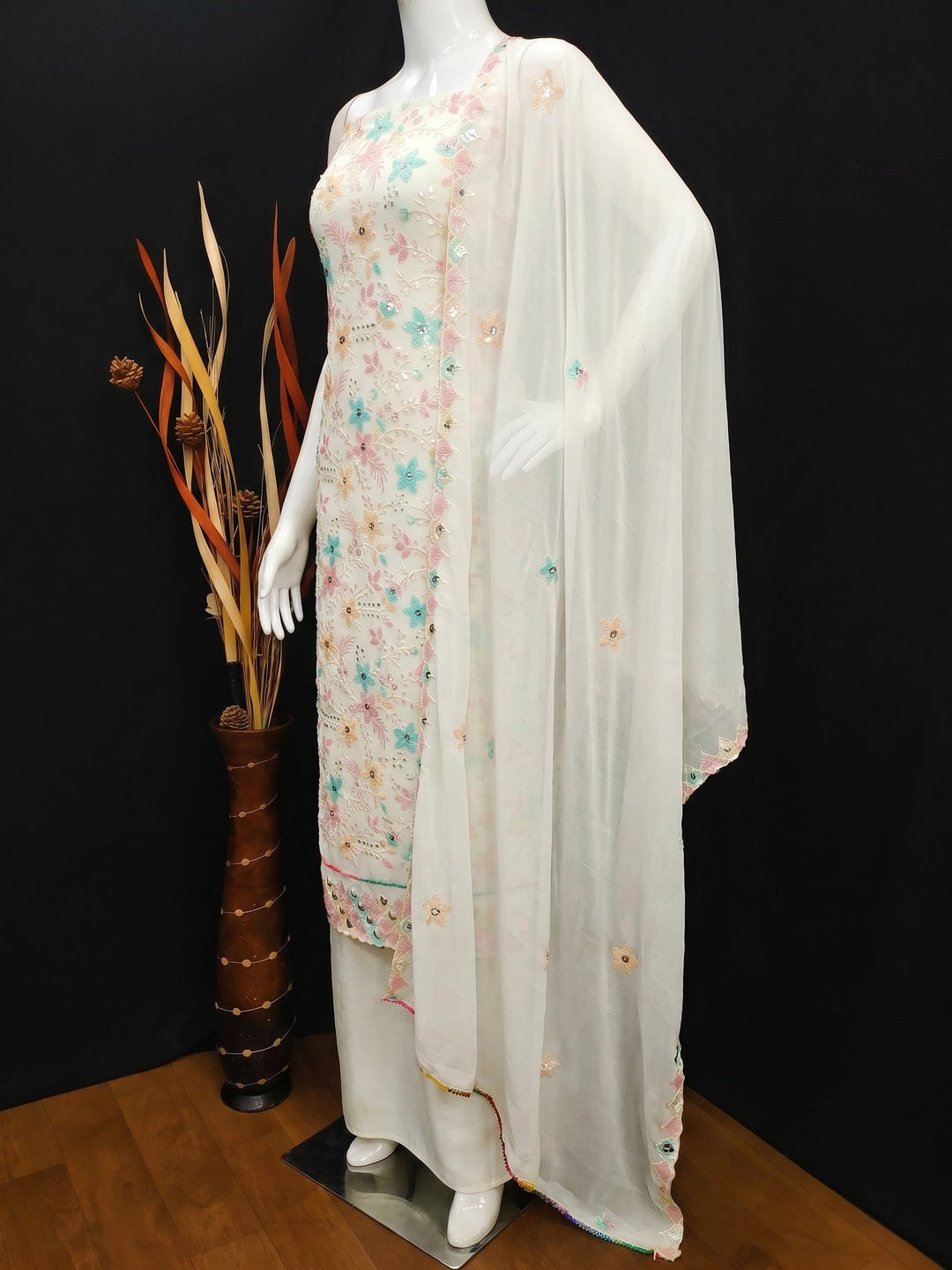 Cream Floral Sequins Embroidered Georgette Dress Material - Image 2