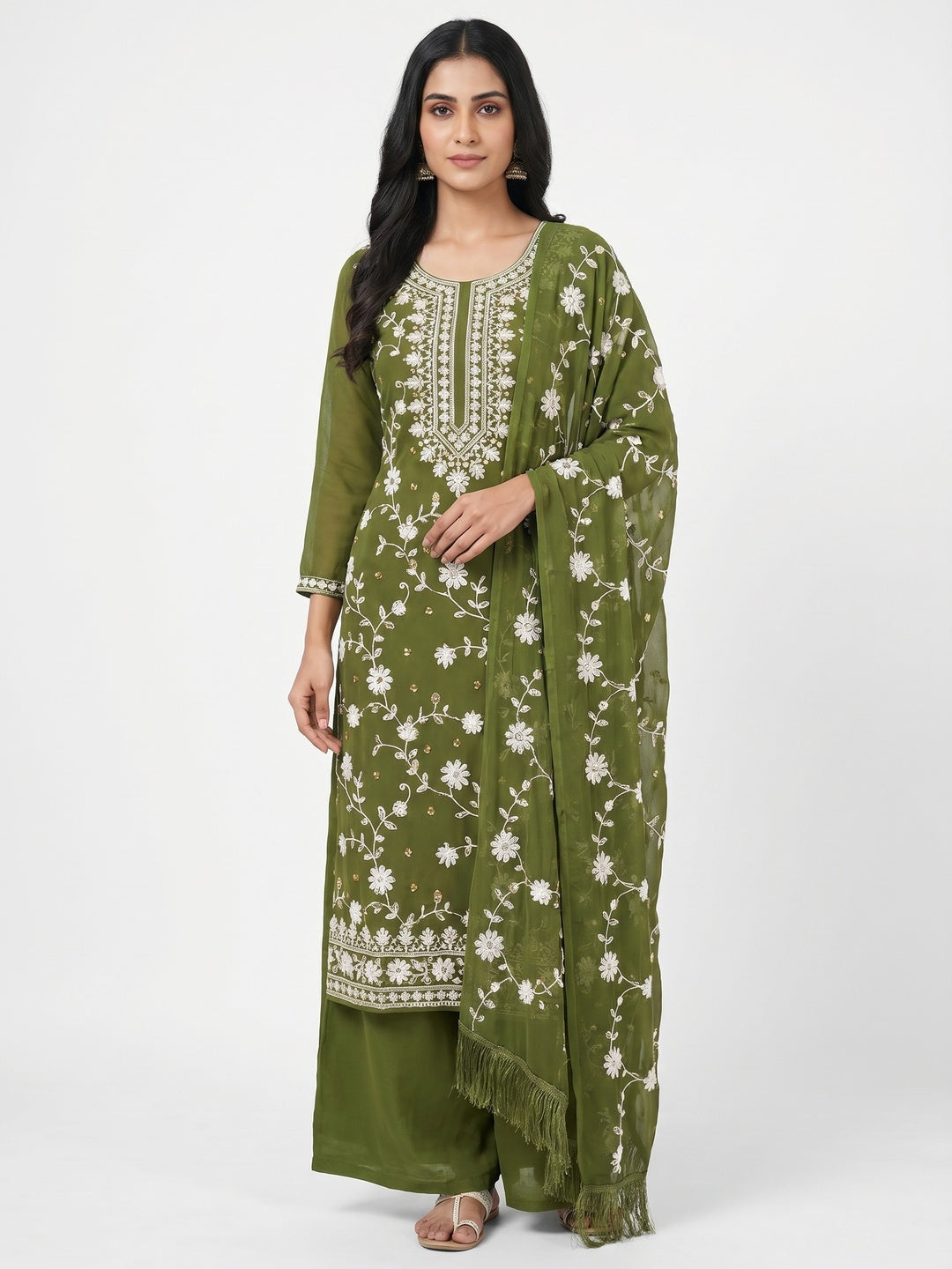 Mehandi Green Floral Embroidered Georgette Dress Material - Image 1