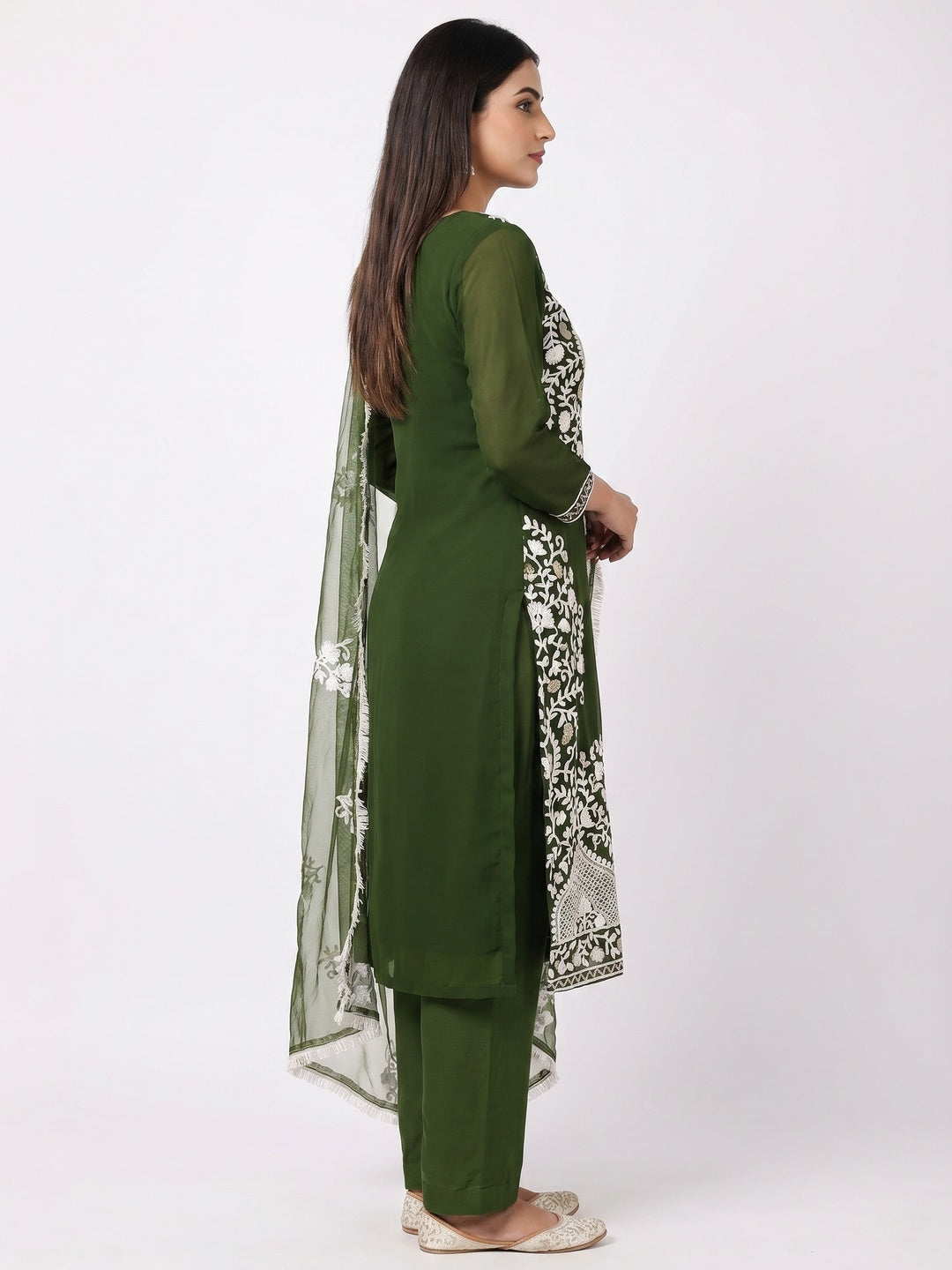 Mehandi Green Floral Embroidered Georgette Dress Material - Image 2