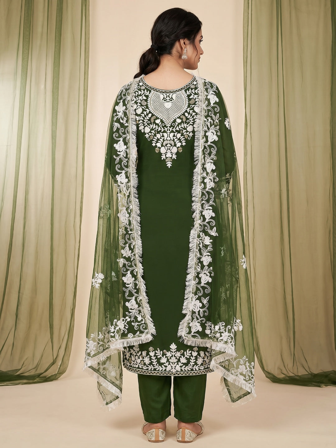 Mehandi Green Floral Embroidered Georgette Dress Material - Image 3