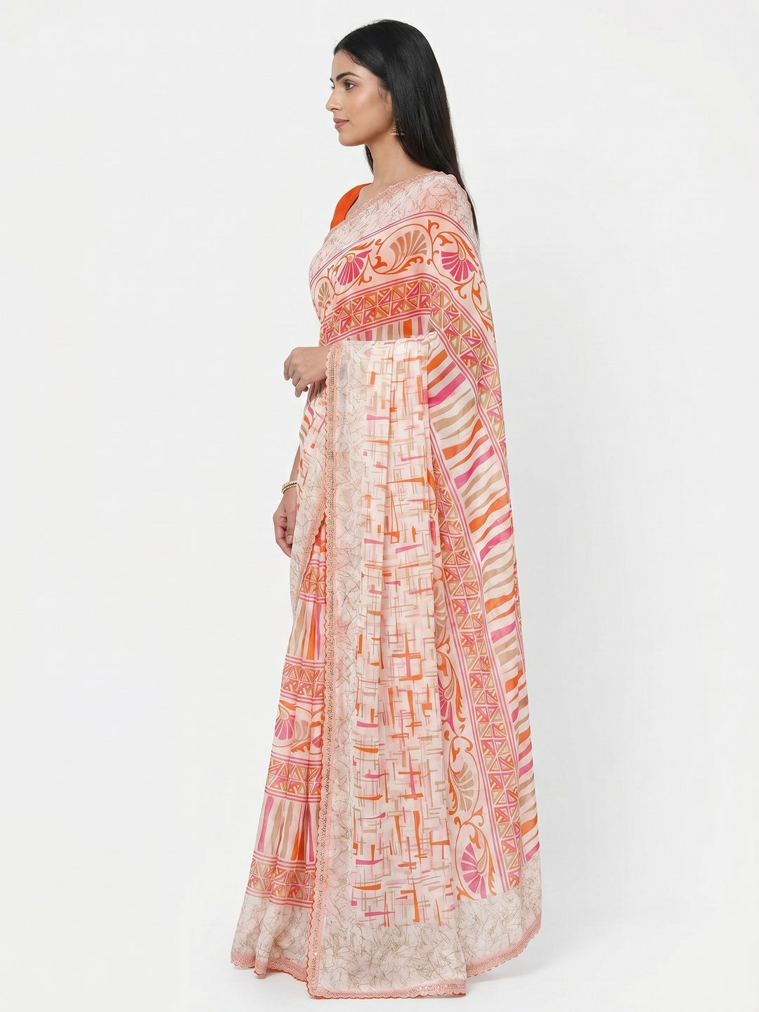White & Orange Geometric Printed Georgette Saree - Image 3