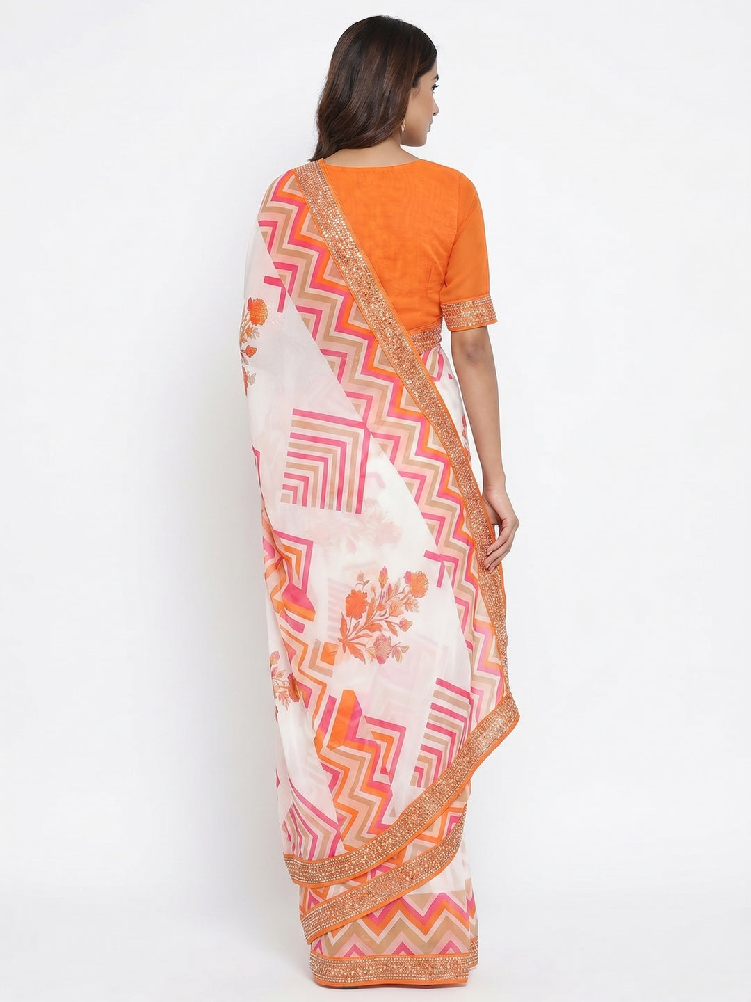 White & Orange Geometric Printed Georgette Saree - Image 2