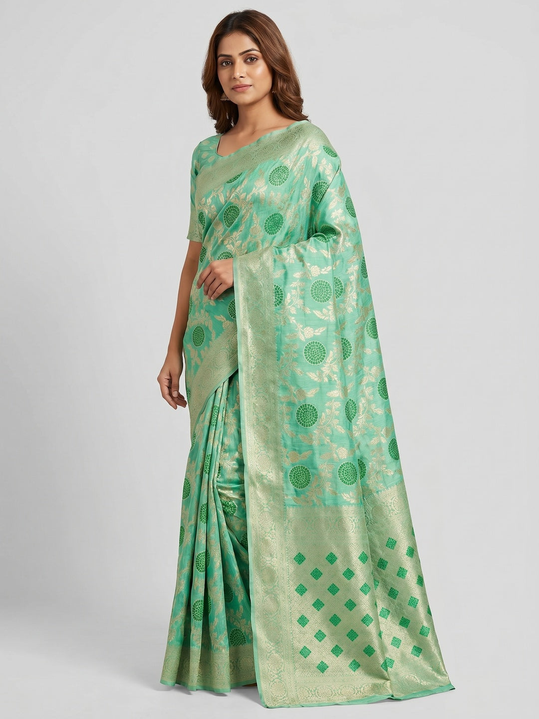 Rama Green Floral Woven Jacquard Saree With Tassels - Image 1