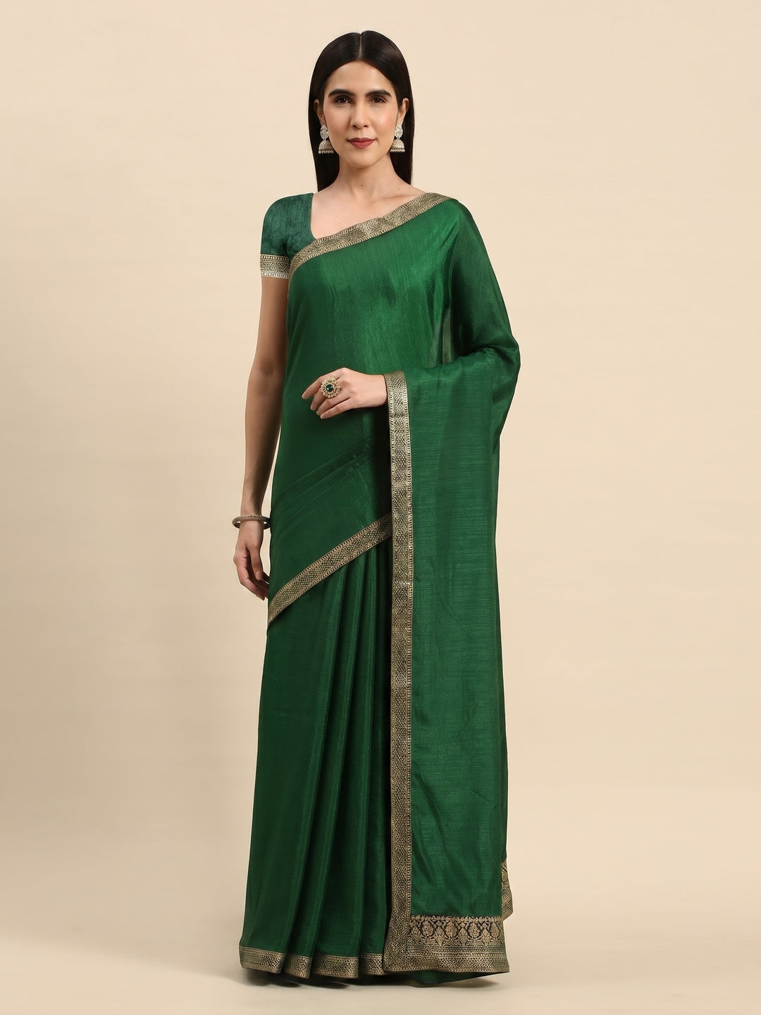 Green Solid Vichitra Silk Saree With Fancy Zari Border - Image 1