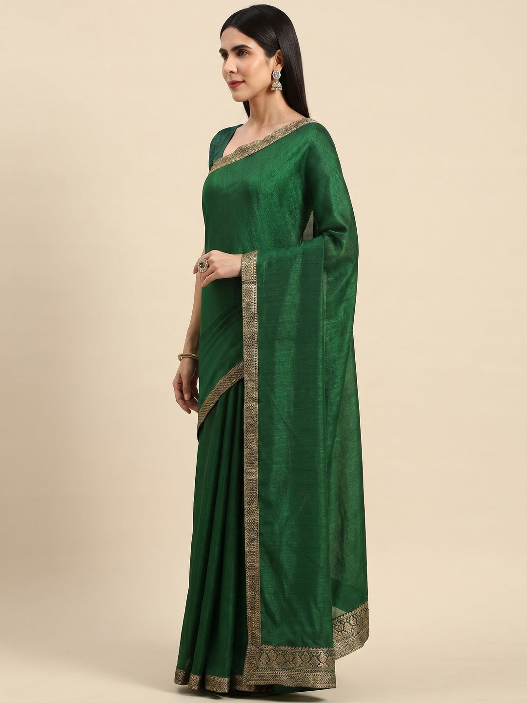 Green Solid Vichitra Silk Saree With Fancy Zari Border - Image 2
