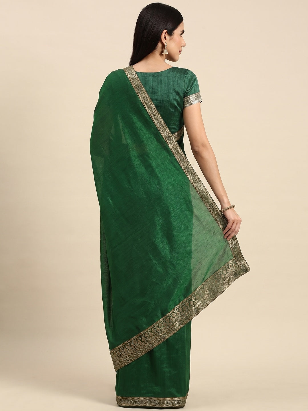 Green Solid Vichitra Silk Saree With Fancy Zari Border - Image 3