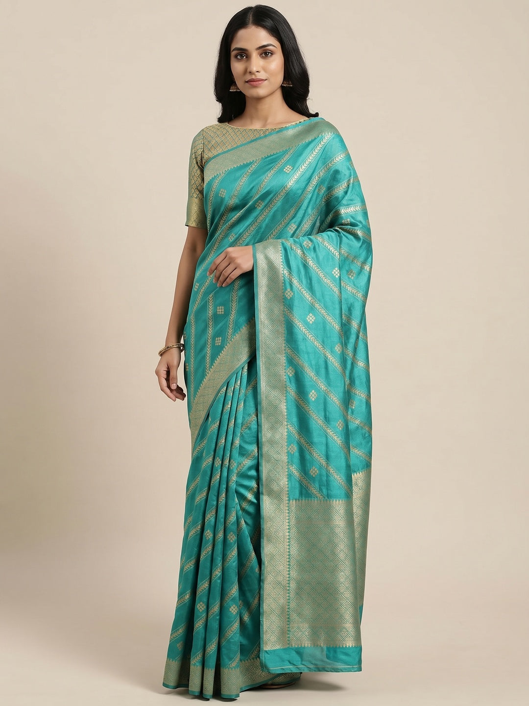 Rama Blue Floral Foil Printed Vichitra Silk Saree - Image 1