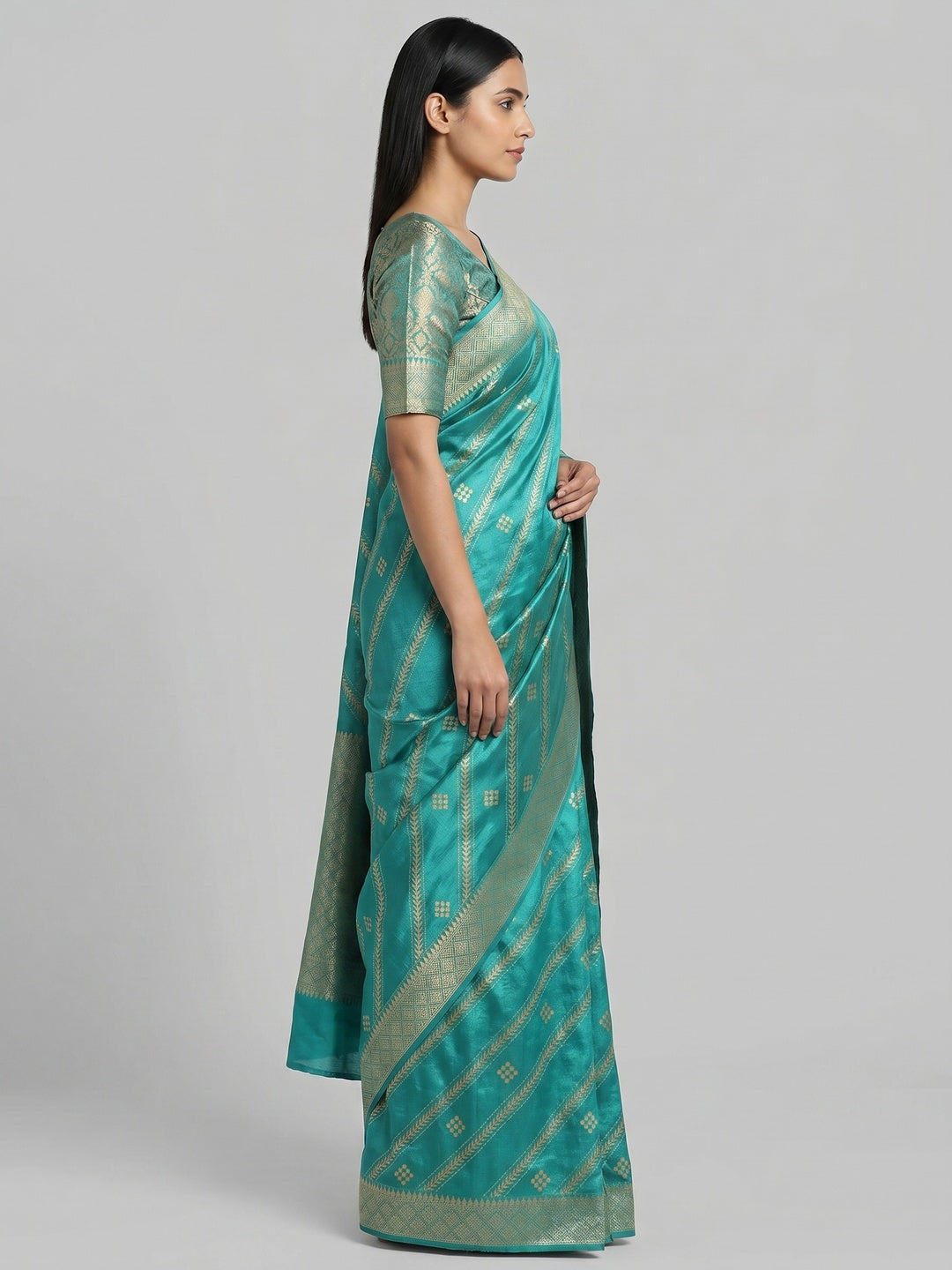Rama Blue Floral Foil Printed Vichitra Silk Saree - Image 2