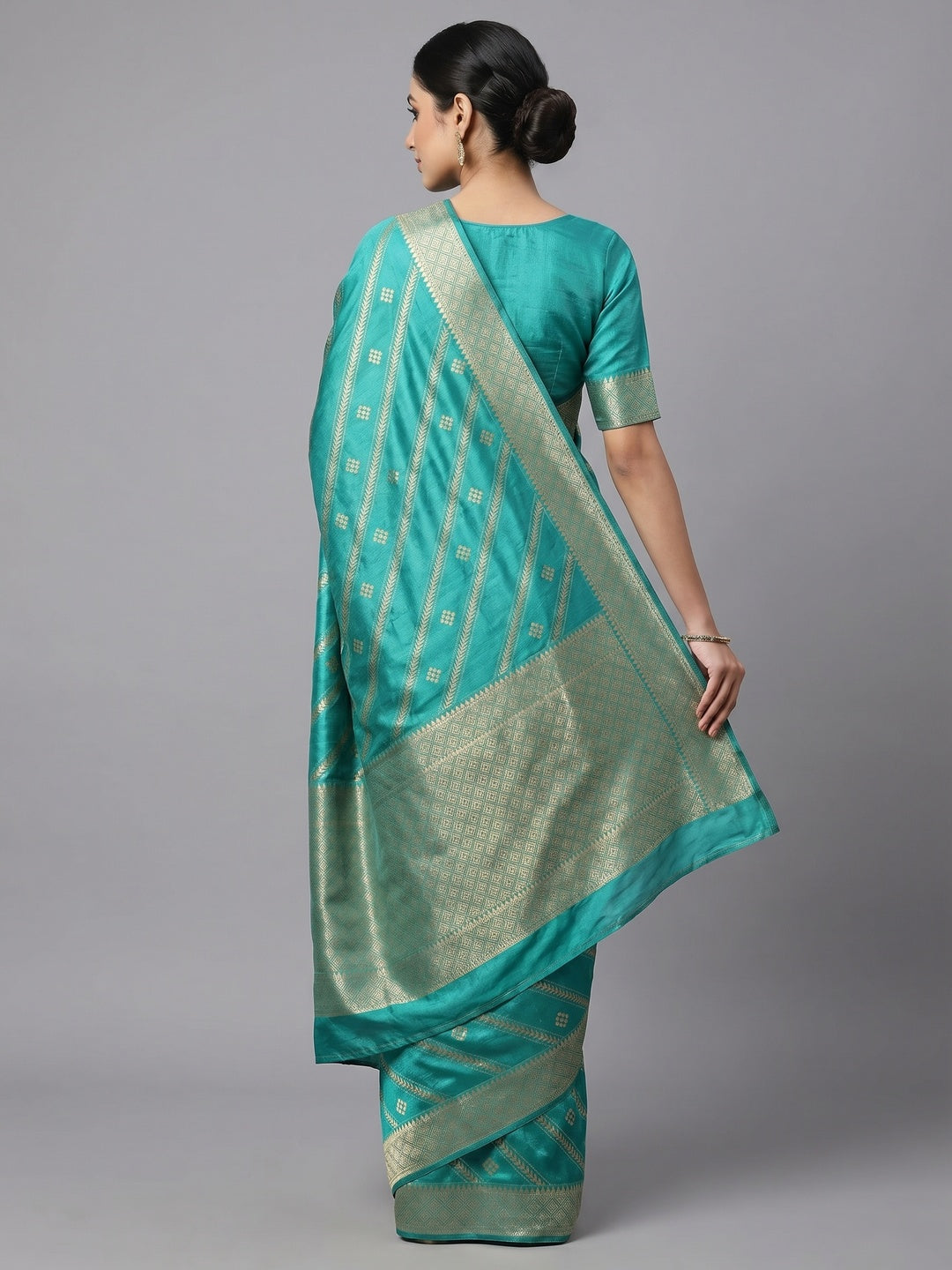 Rama Blue Floral Foil Printed Vichitra Silk Saree - Image 3