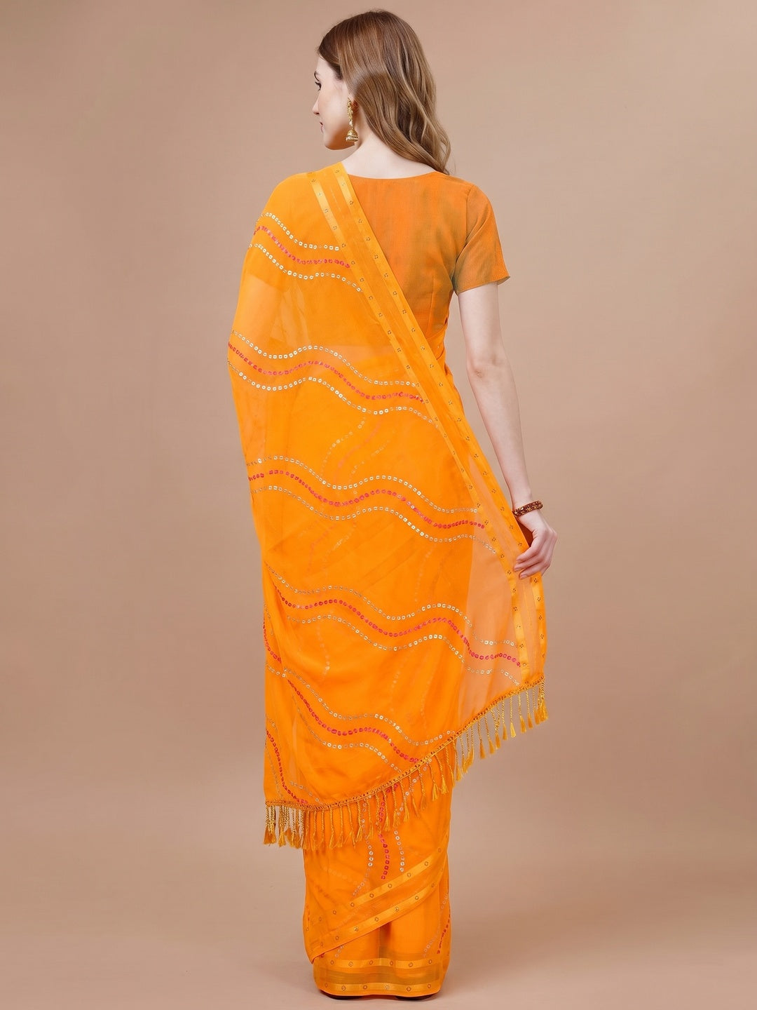 Orange Bandhani Printed Chiffon Saree With Tassels - Image 1