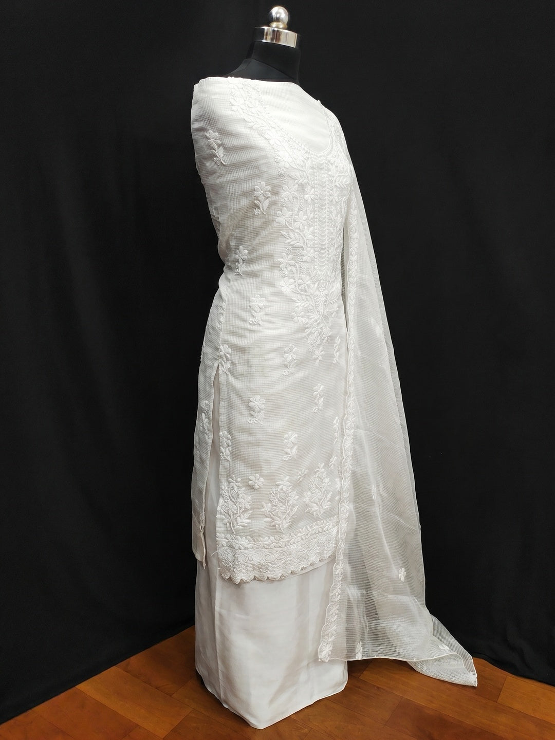 White Floral Embroidered Kota Doria Dress Material - Image 3