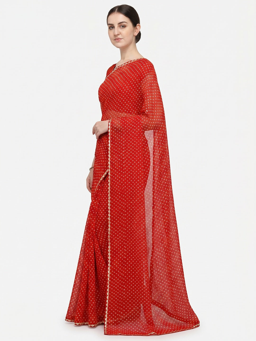 Red Bandhani Printed Georgette Saree - Image 3