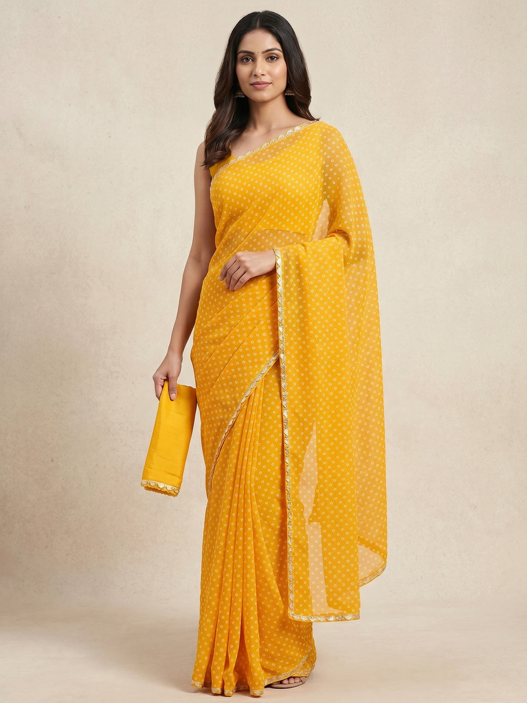 Yellow Bandhani Printed Georgette Saree - Image 1