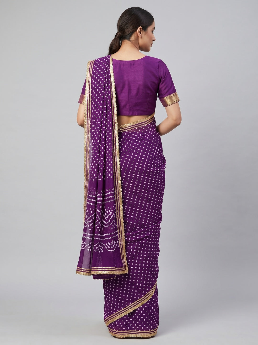 Purple Bandhani Printed Georgette Saree - Image 3